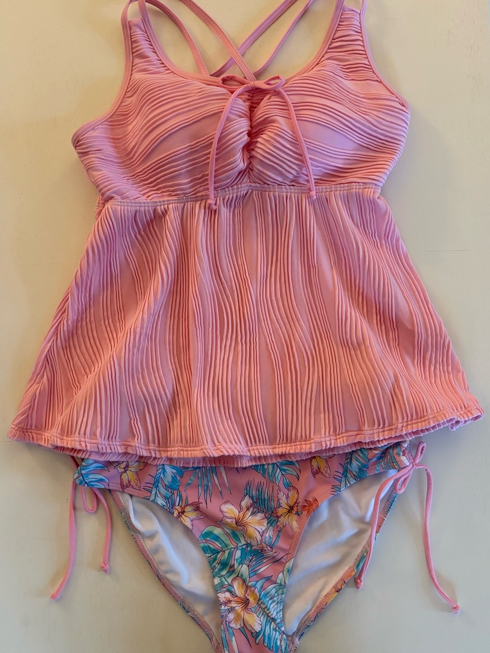 Pink Textured Tankini with Floral Bikini Bottoms